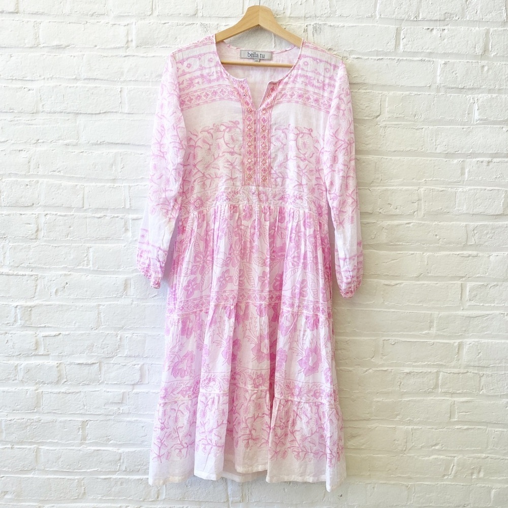 Bella Tu || Embellished‎ Block Print Tiered Midi Dress Floral Pink XS